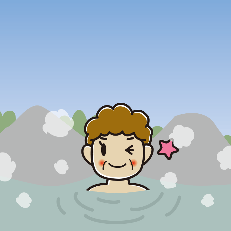 温泉でウインクするおばさんのイラスト【色、背景あり】PNG