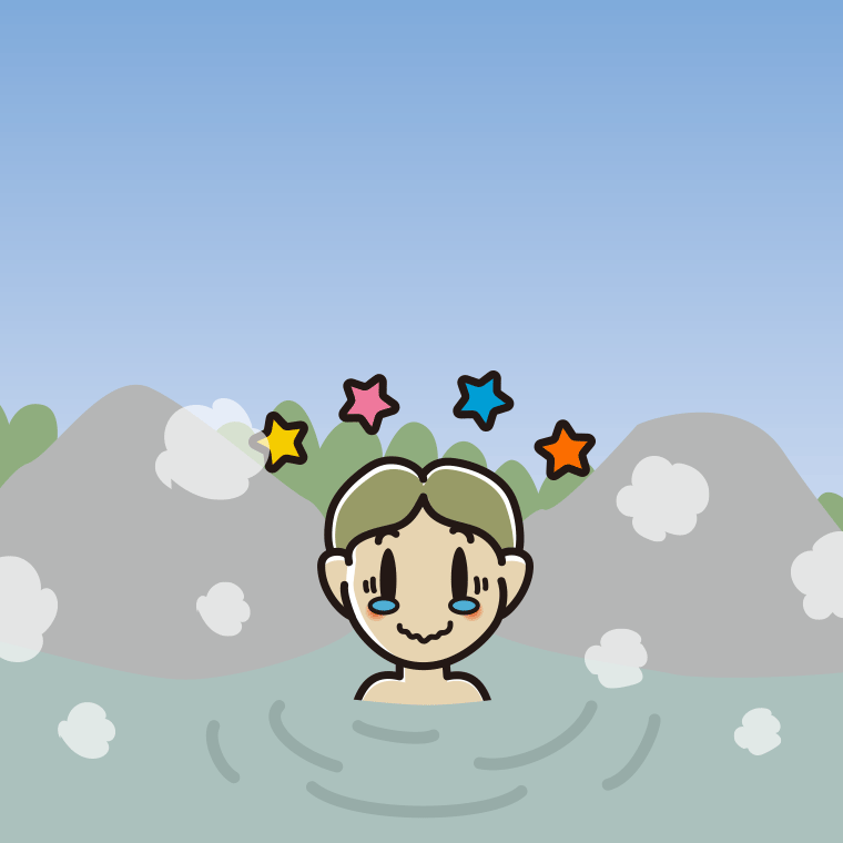 温泉でジーンとする小学生男子のイラスト【色、背景あり】PNG