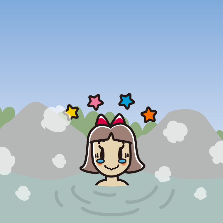 温泉でジーンとする小学生女子のイラスト【色、背景あり】PNG