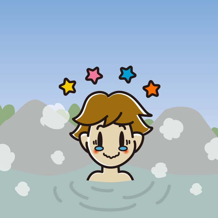 温泉でジーンとする男子高校生のイラスト【色、背景あり】PNG