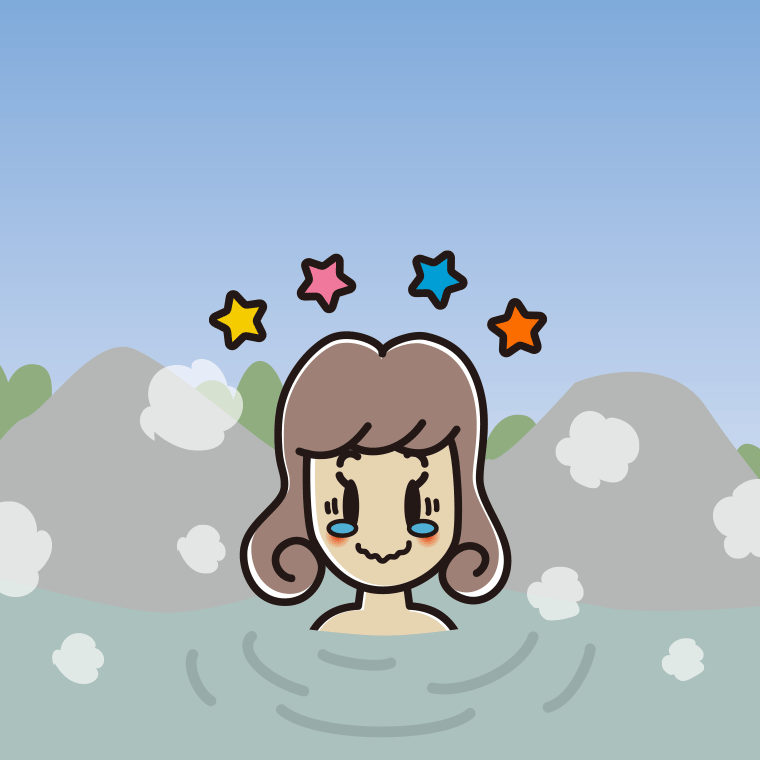 温泉でジーンとする女子大学生のイラスト【色、背景あり】PNG