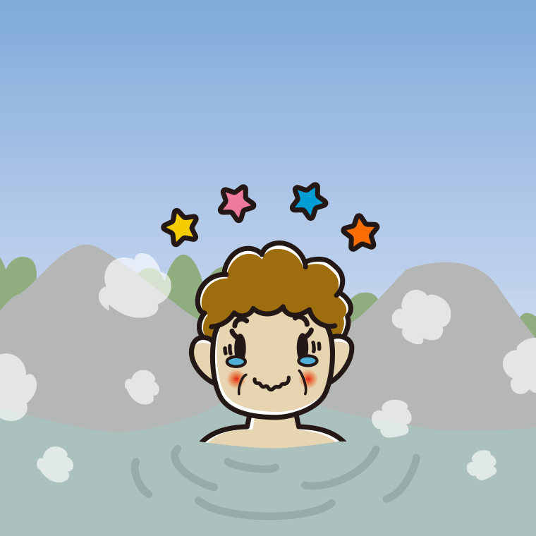 温泉でジーンとするおばさんのイラスト【色、背景あり】PNG