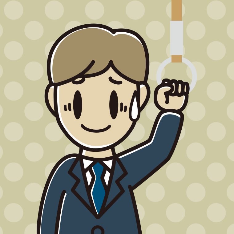 つり革につかまり苦笑いする男性会社員のイラスト【色、背景あり】PNG