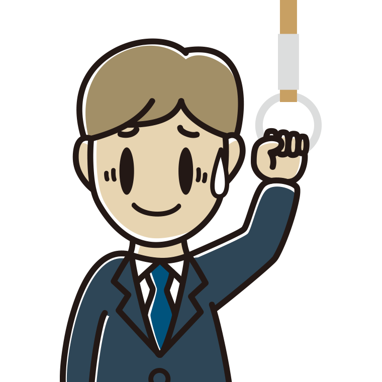 つり革につかまり苦笑いする男性会社員のイラスト【色あり、背景なし】透過PNG