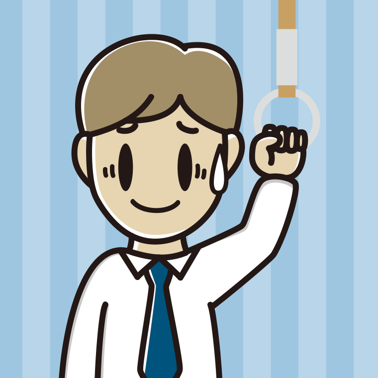 つり革につかまり苦笑いする男性会社員（ワイシャツ）のイラスト【色、背景あり】PNG