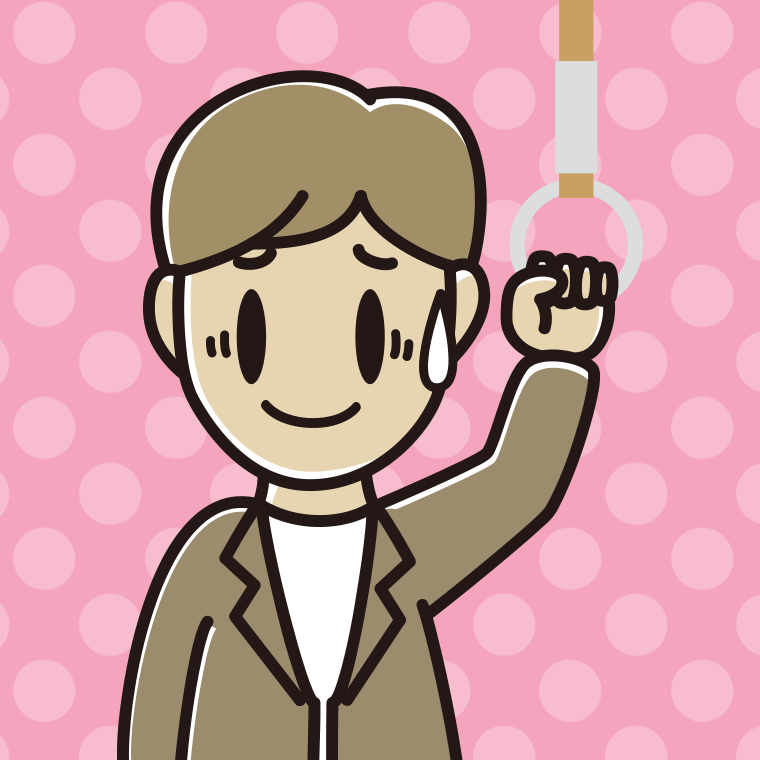 つり革につかまり苦笑いする男性会社員（カジュアル）のイラスト【色、背景あり】PNG
