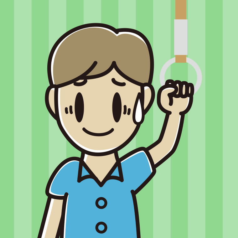 つり革につかまり苦笑いする男性会社員（クールビズ）のイラスト【色、背景あり】PNG