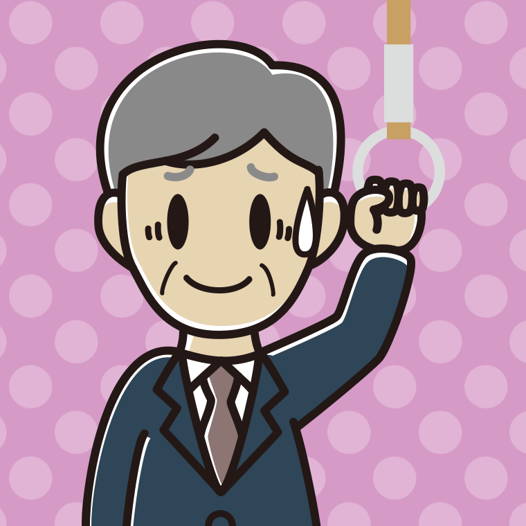 つり革につかまり苦笑いする年配男性会社員のイラスト【色、背景あり】PNG