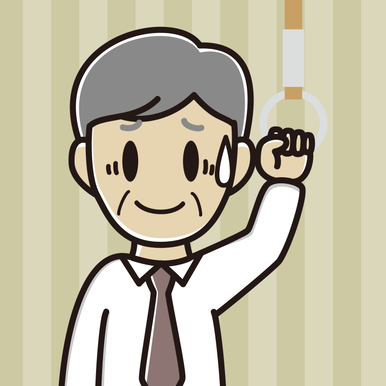 つり革につかまり苦笑いする年配男性会社員（ワイシャツ）のイラスト【色、背景あり】PNG