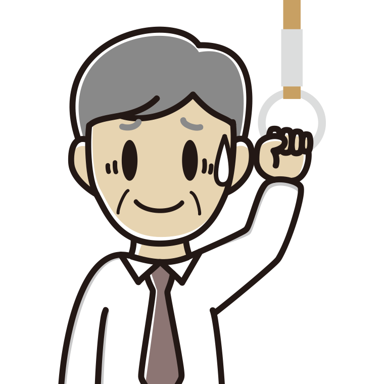 つり革につかまり苦笑いする年配男性会社員（ワイシャツ）のイラスト【色あり、背景なし】透過PNG