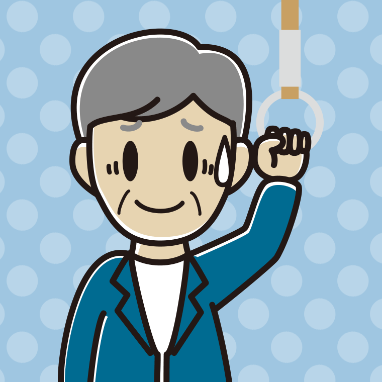 つり革につかまり苦笑いする年配男性会社員（カジュアル）のイラスト【色、背景あり】PNG