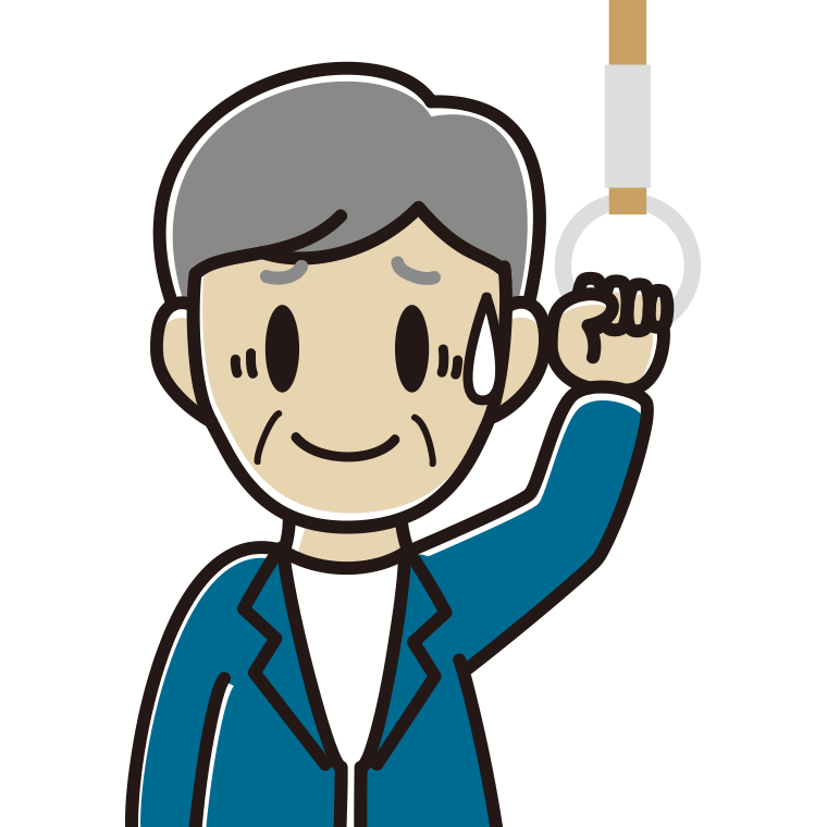 つり革につかまり苦笑いする年配男性会社員（カジュアル）のイラスト【色あり、背景なし】透過PNG