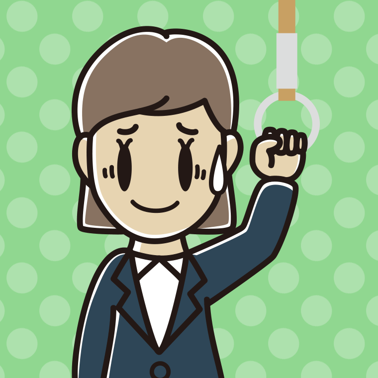 つり革につかまり苦笑いする女性会社員のイラスト【色、背景あり】PNG