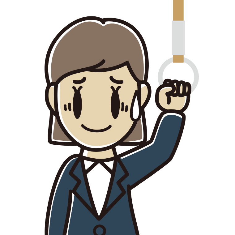 つり革につかまり苦笑いする女性会社員のイラスト【色あり、背景なし】透過PNG