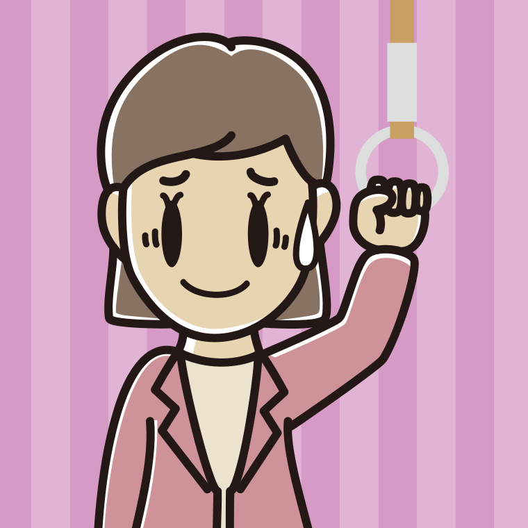 つり革につかまり苦笑いする女性会社員（カジュアル）のイラスト【色、背景あり】PNG