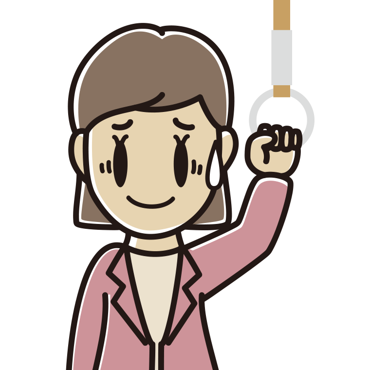 つり革につかまり苦笑いする女性会社員（カジュアル）のイラスト【色あり、背景なし】透過PNG