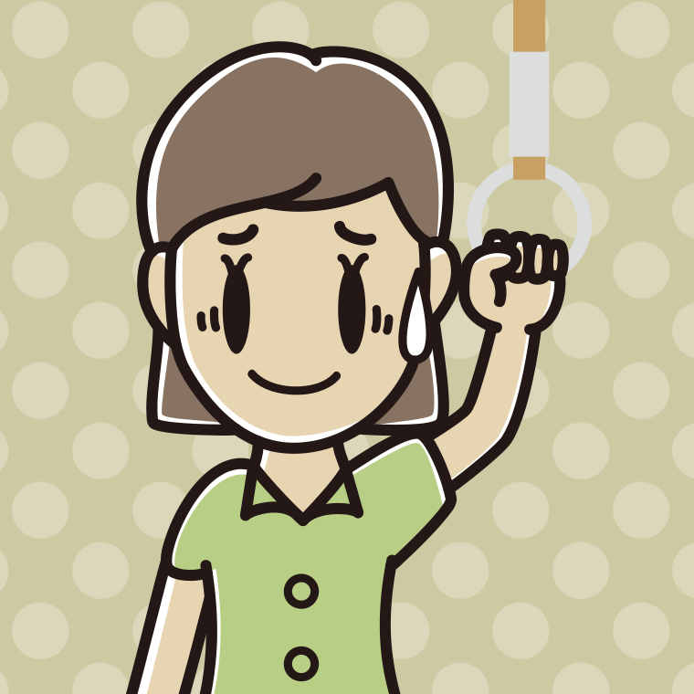 つり革につかまり苦笑いする女性会社員（クールビズ）のイラスト【色、背景あり】PNG