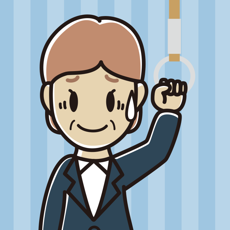 つり革につかまり苦笑いする年配女性会社員のイラスト【色、背景あり】PNG