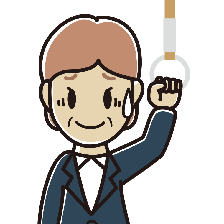 つり革につかまり苦笑いする年配女性会社員のイラスト【色あり、背景なし】透過PNG