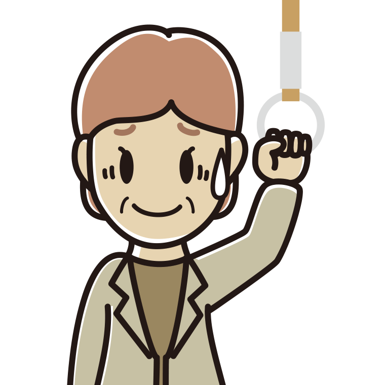 つり革につかまり苦笑いする年配女性会社員（カジュアル）のイラスト【色あり、背景なし】透過PNG