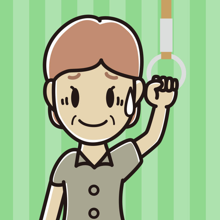 つり革につかまり苦笑いする年配女性会社員（クールビズ）のイラスト【色、背景あり】PNG