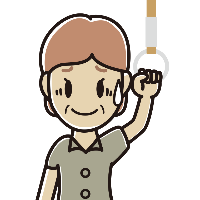 つり革につかまり苦笑いする年配女性会社員（クールビズ）のイラスト【色あり、背景なし】透過PNG