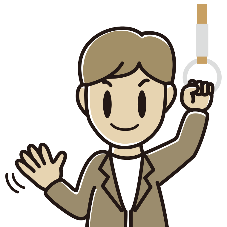 つり革につかまり手を振る男性会社員（カジュアル）のイラスト【色あり、背景なし】透過PNG