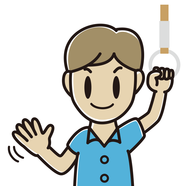 つり革につかまり手を振る男性会社員（クールビズ）のイラスト【色あり、背景なし】透過PNG