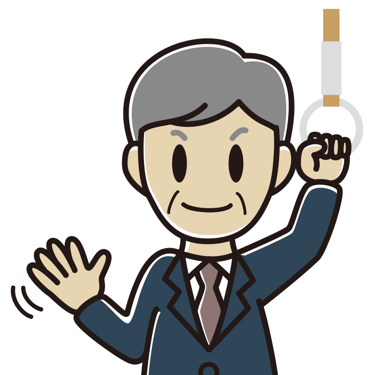 つり革につかまり手を振る年配男性会社員のイラスト【色あり、背景なし】透過PNG