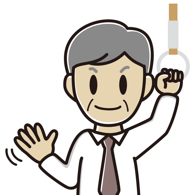 つり革につかまり手を振る年配男性会社員（ワイシャツ）のイラスト【色あり、背景なし】透過PNG