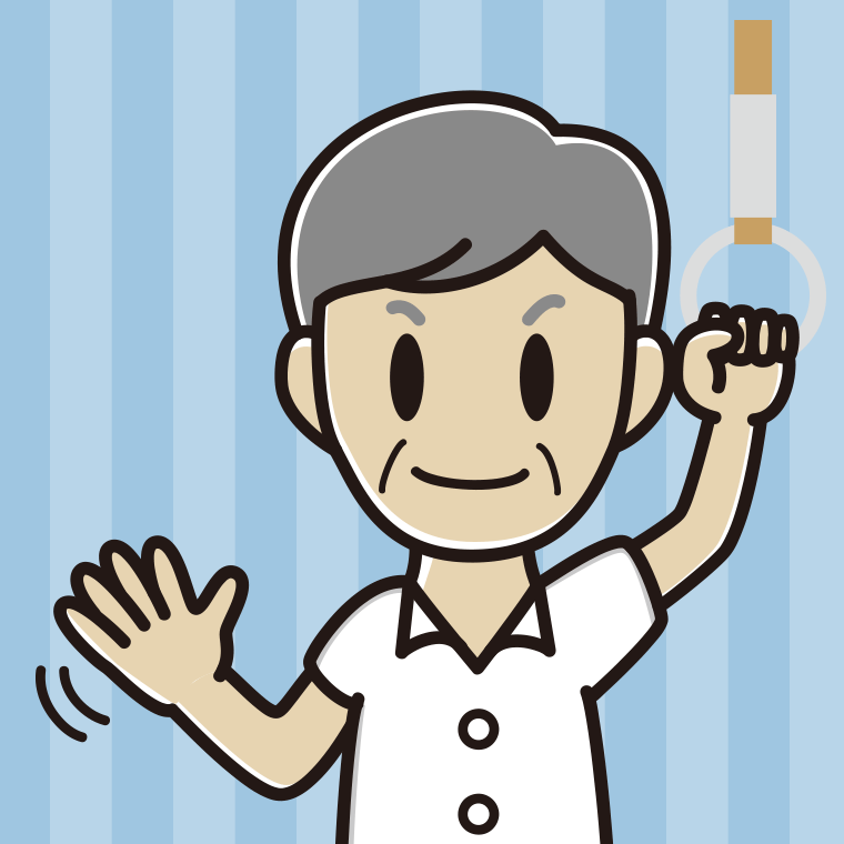 つり革につかまり手を振る年配男性会社員（クールビズ）のイラスト【色、背景あり】PNG