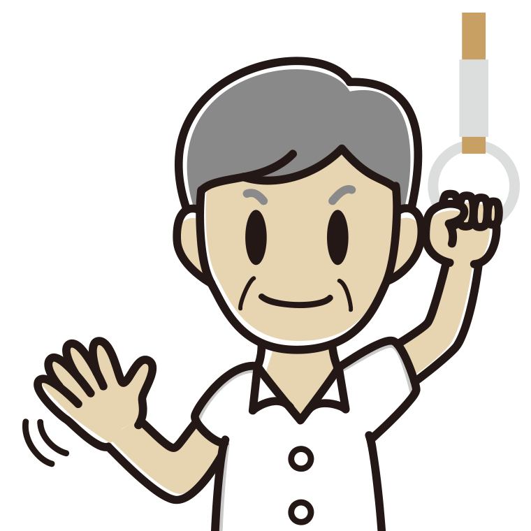 つり革につかまり手を振る年配男性会社員（クールビズ）のイラスト【色あり、背景なし】透過PNG