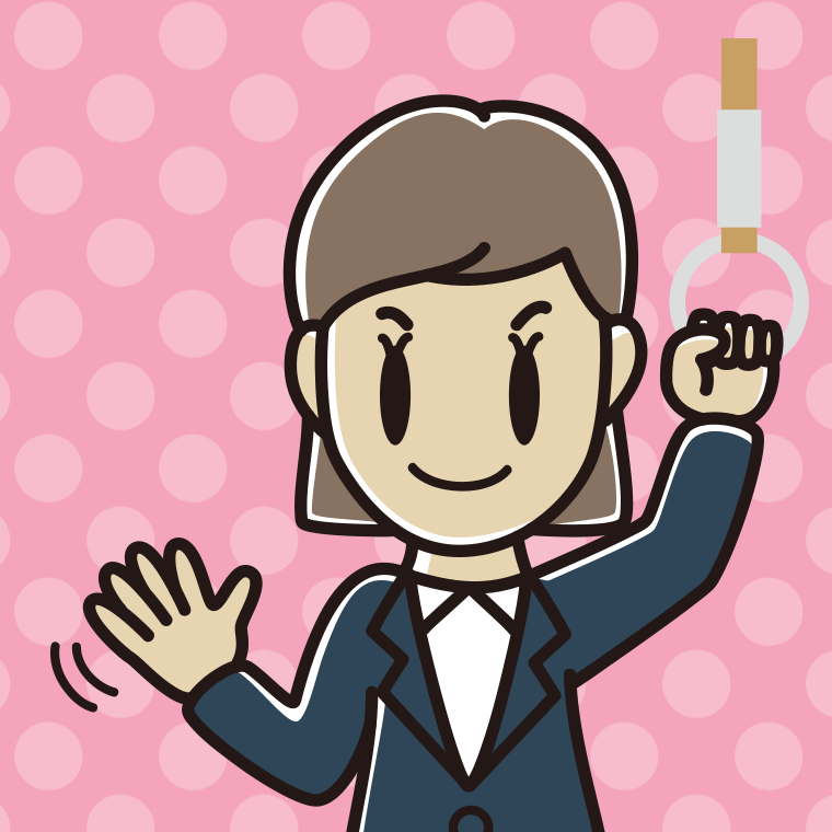 つり革につかまり手を振る女性会社員のイラスト【色、背景あり】PNG