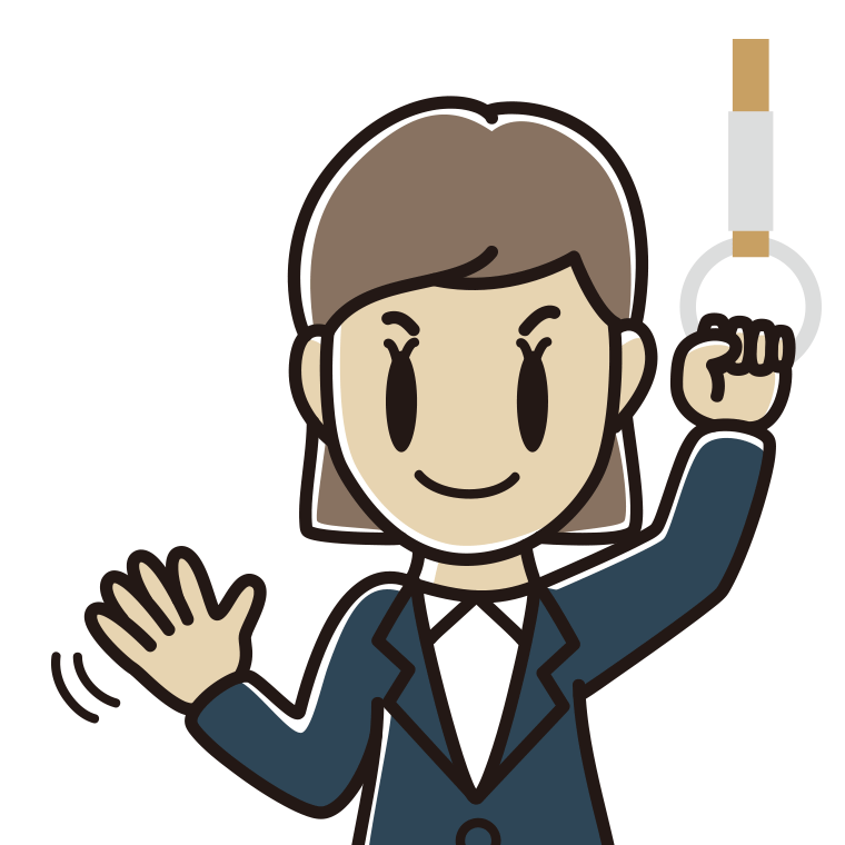 つり革につかまり手を振る女性会社員のイラスト【色あり、背景なし】透過PNG