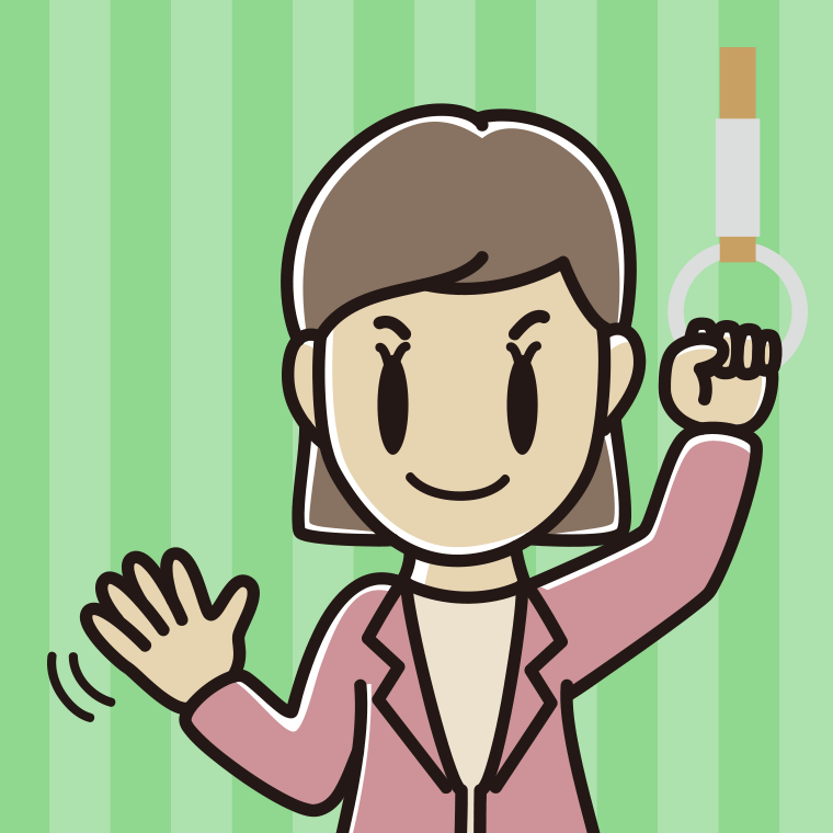 つり革につかまり手を振る女性会社員（カジュアル）のイラスト【色、背景あり】PNG