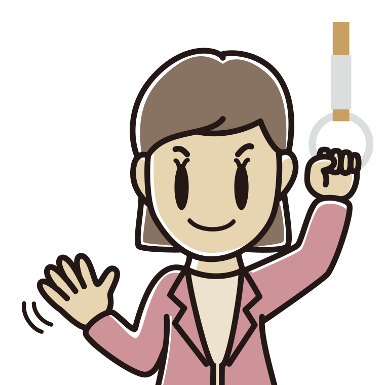 つり革につかまり手を振る女性会社員（カジュアル）のイラスト【色あり、背景なし】透過PNG