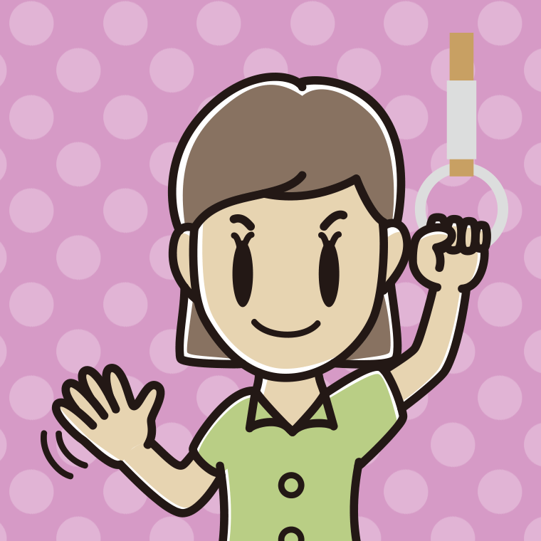 つり革につかまり手を振る女性会社員（クールビズ）のイラスト【色、背景あり】PNG
