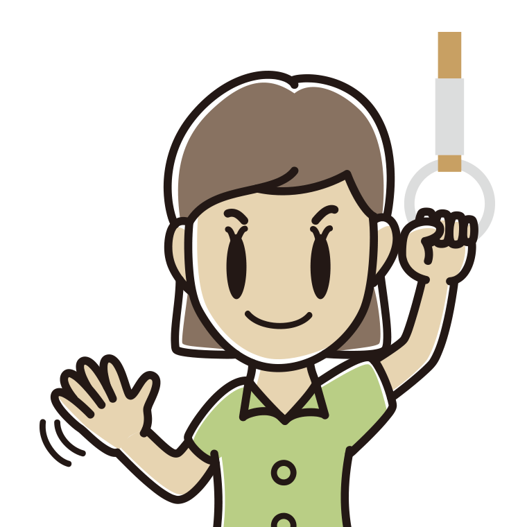 つり革につかまり手を振る女性会社員（クールビズ）のイラスト【色あり、背景なし】透過PNG