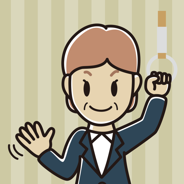 つり革につかまり手を振る年配女性会社員のイラスト【色、背景あり】PNG