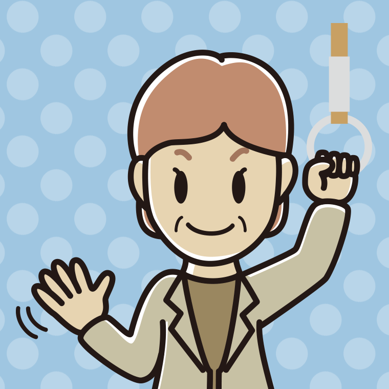 つり革につかまり手を振る年配女性会社員（カジュアル）のイラスト【色、背景あり】PNG
