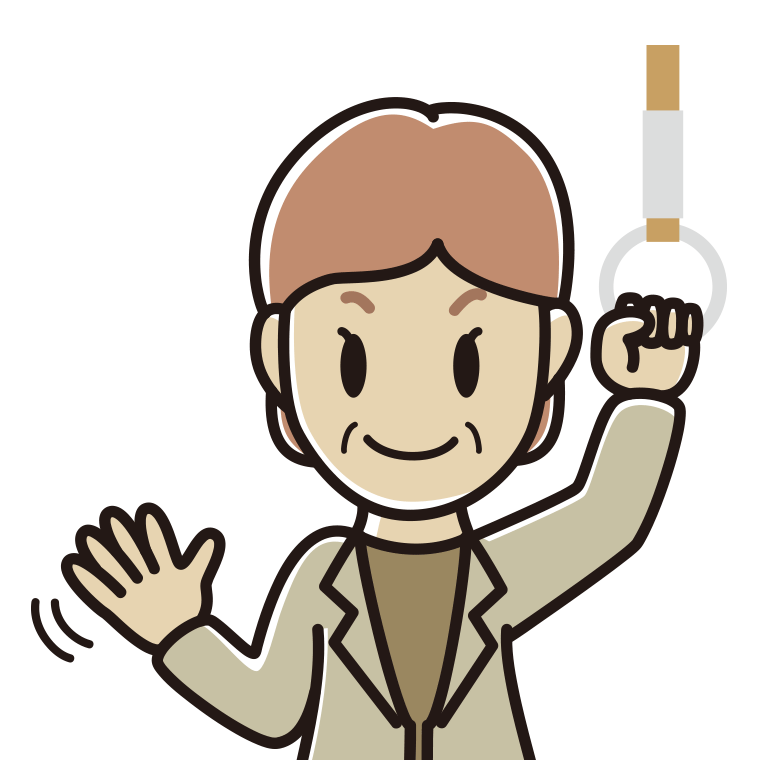 つり革につかまり手を振る年配女性会社員（カジュアル）のイラスト【色あり、背景なし】透過PNG