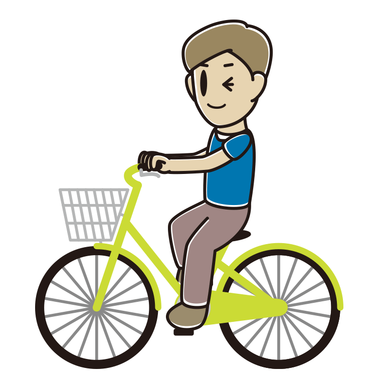 自転車に乗ってウインクする男性のイラスト【色あり、背景なし】透過PNG
