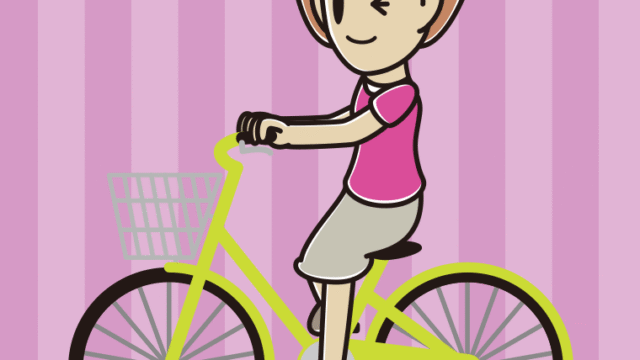自転車に乗ってウインクする女性のイラスト【色、背景あり】PNG