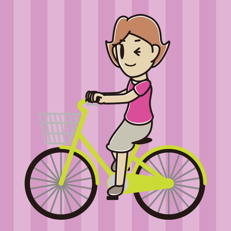 自転車に乗ってウインクする女性のイラスト【色、背景あり】PNG