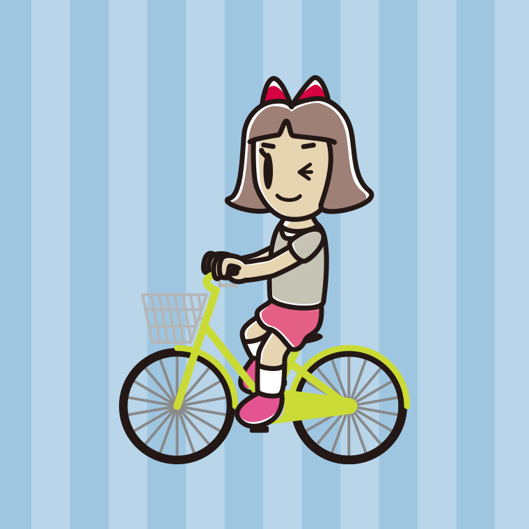 自転車に乗ってウインクする小学生女子のイラスト【色、背景あり】PNG