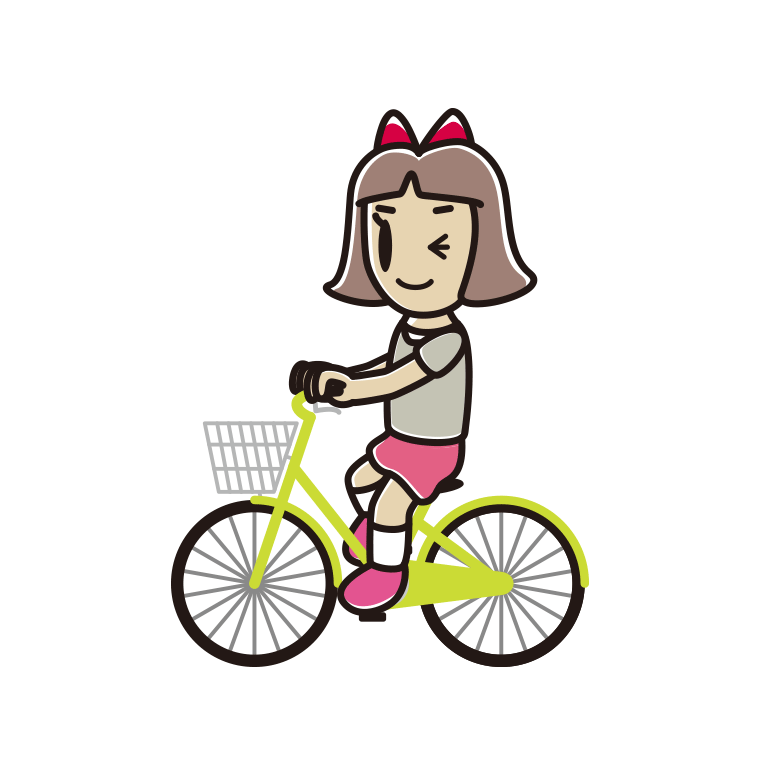 自転車に乗ってウインクする小学生女子のイラスト【色あり、背景なし】透過PNG