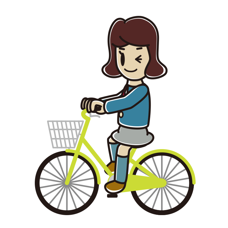 自転車に乗ってウインクする女子高校生のイラスト【色あり、背景なし】透過PNG