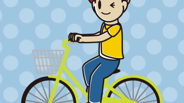 自転車に乗ってウインクする男子大学生のイラスト【色、背景あり】PNG