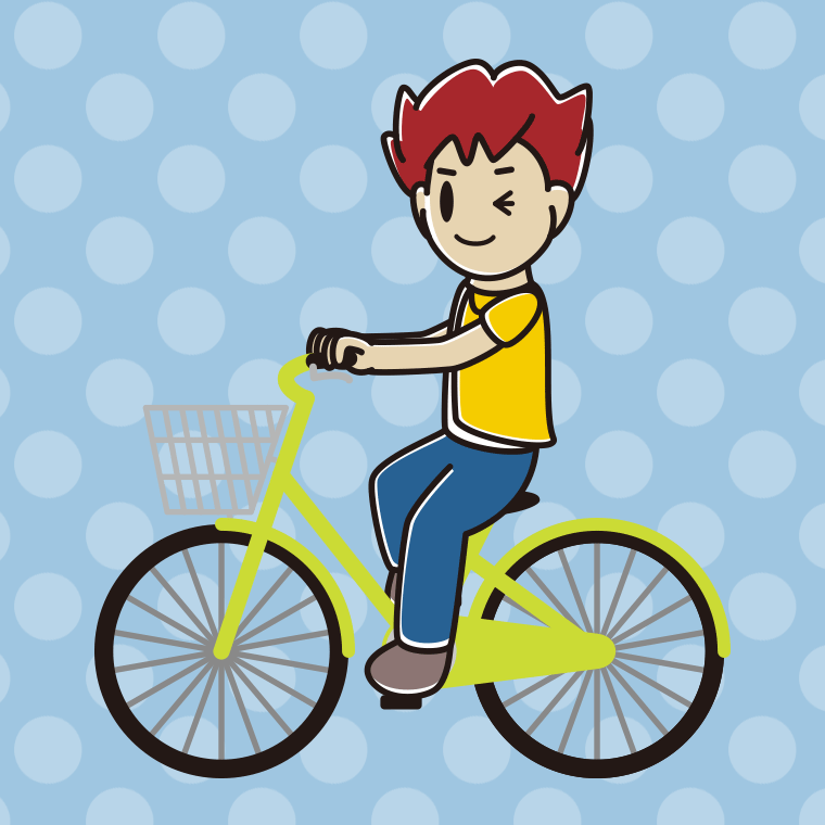 自転車に乗ってウインクする男子大学生のイラスト【色、背景あり】PNG