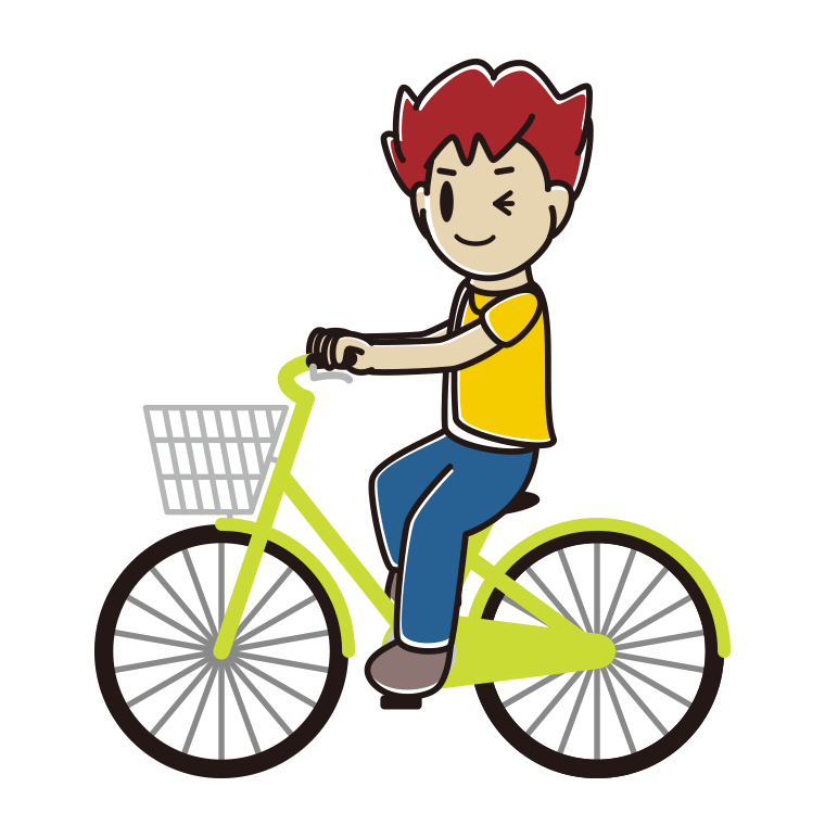 自転車に乗ってウインクする男子大学生のイラスト【色あり、背景なし】透過PNG